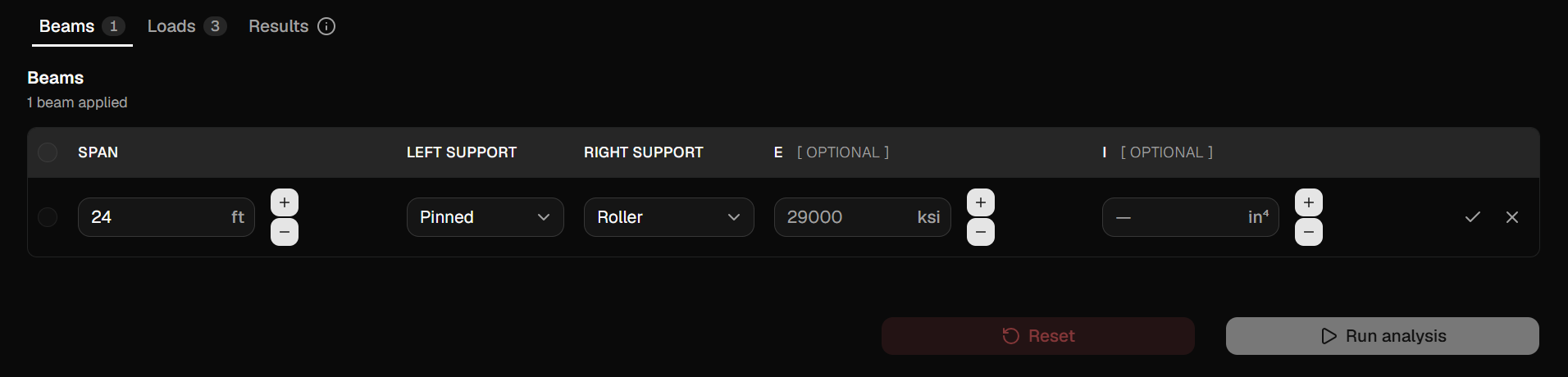 Screenshot: Beam row in edit mode showing span, left support, and right support fields.