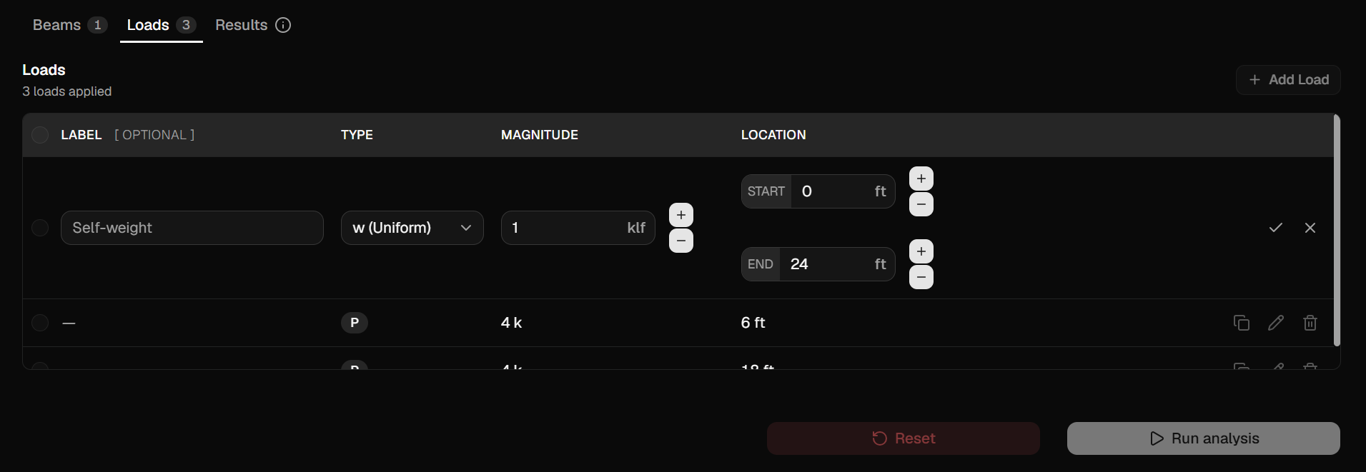 Screenshot: Loads table with a uniformly distributed load entry in edit mode.