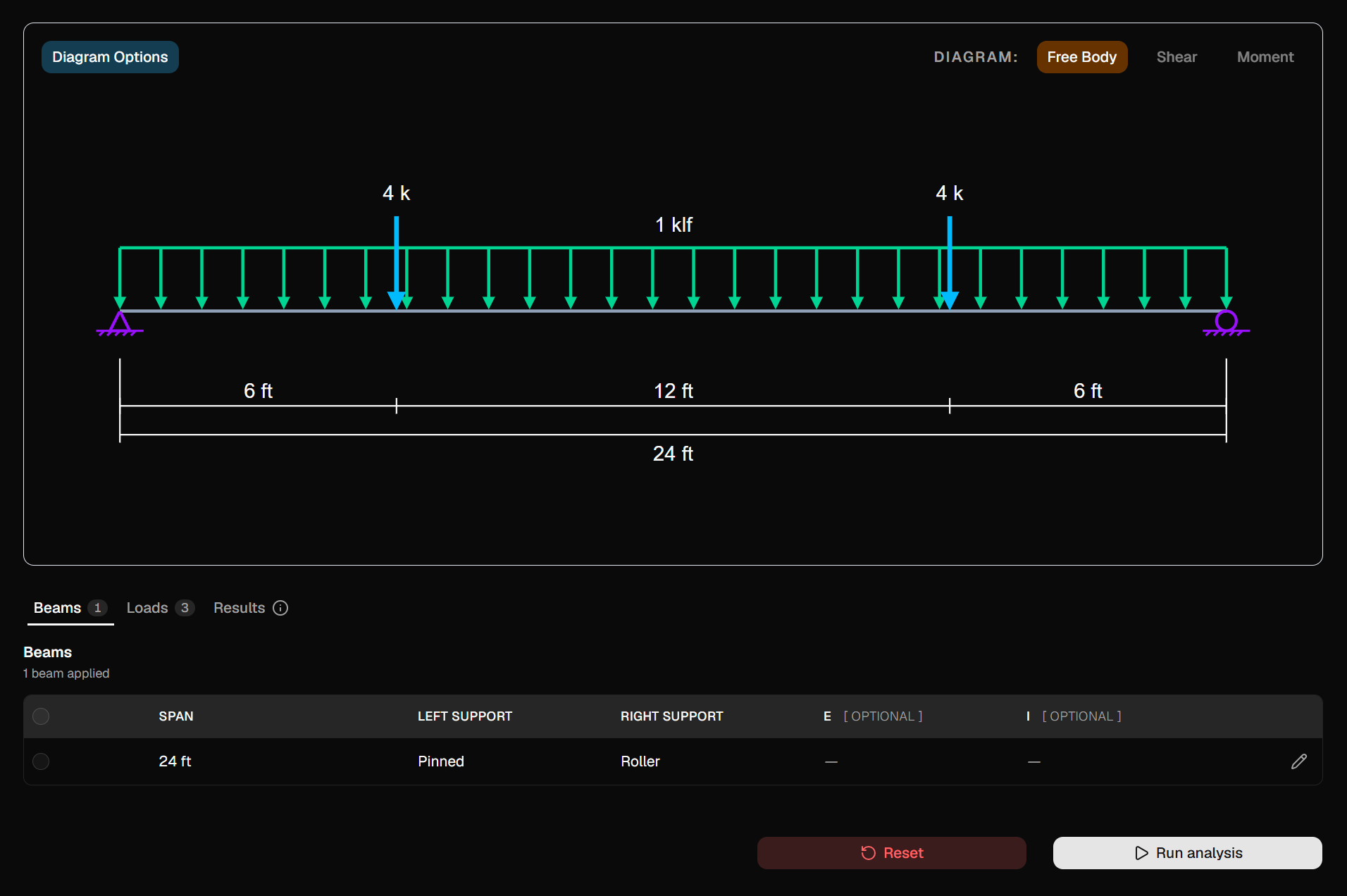 Screenshot: Main interface showing the diagram panel on the top and the input panel on the bottom.